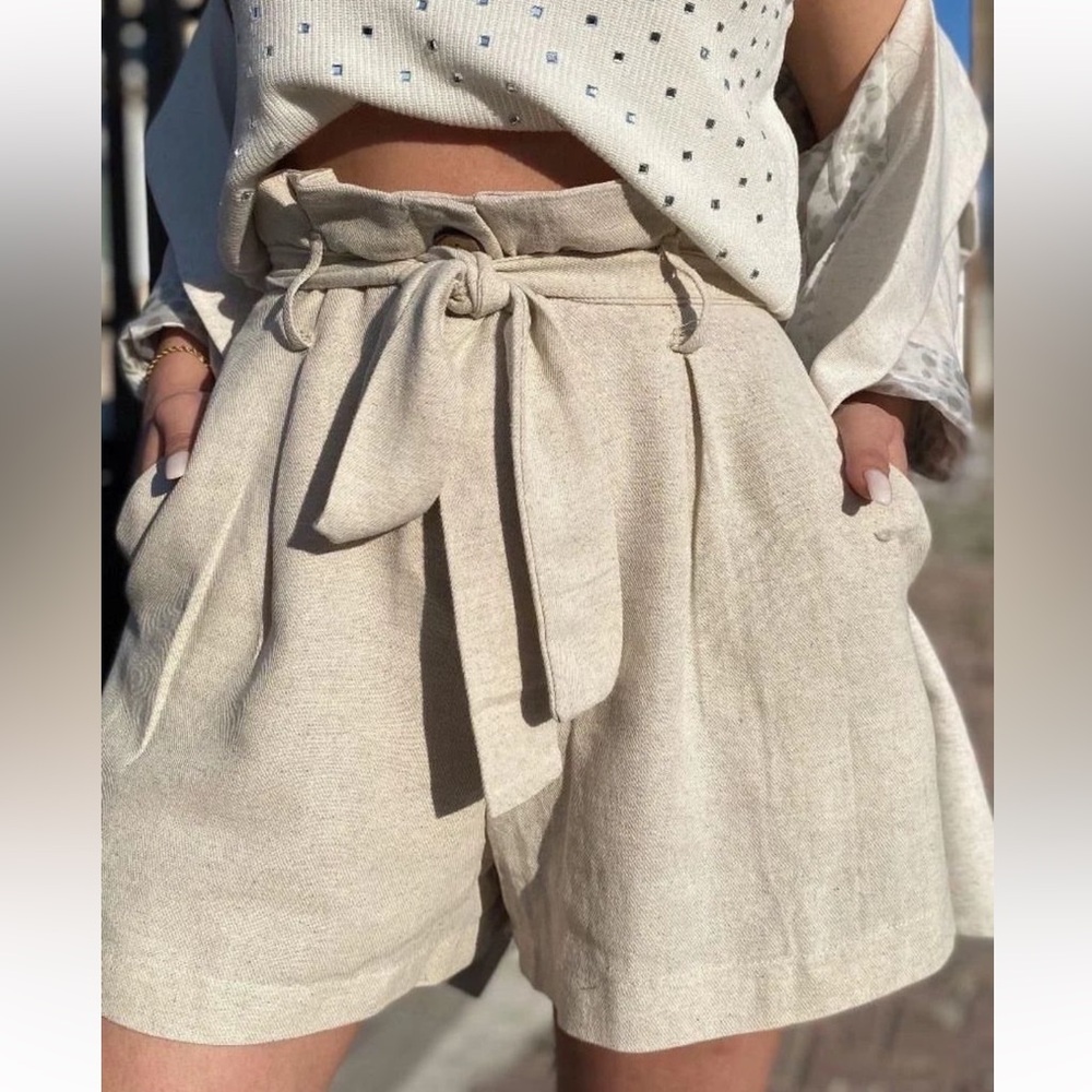 Blu Pepper Cotton Blend Paper-bag Waist Shorts
